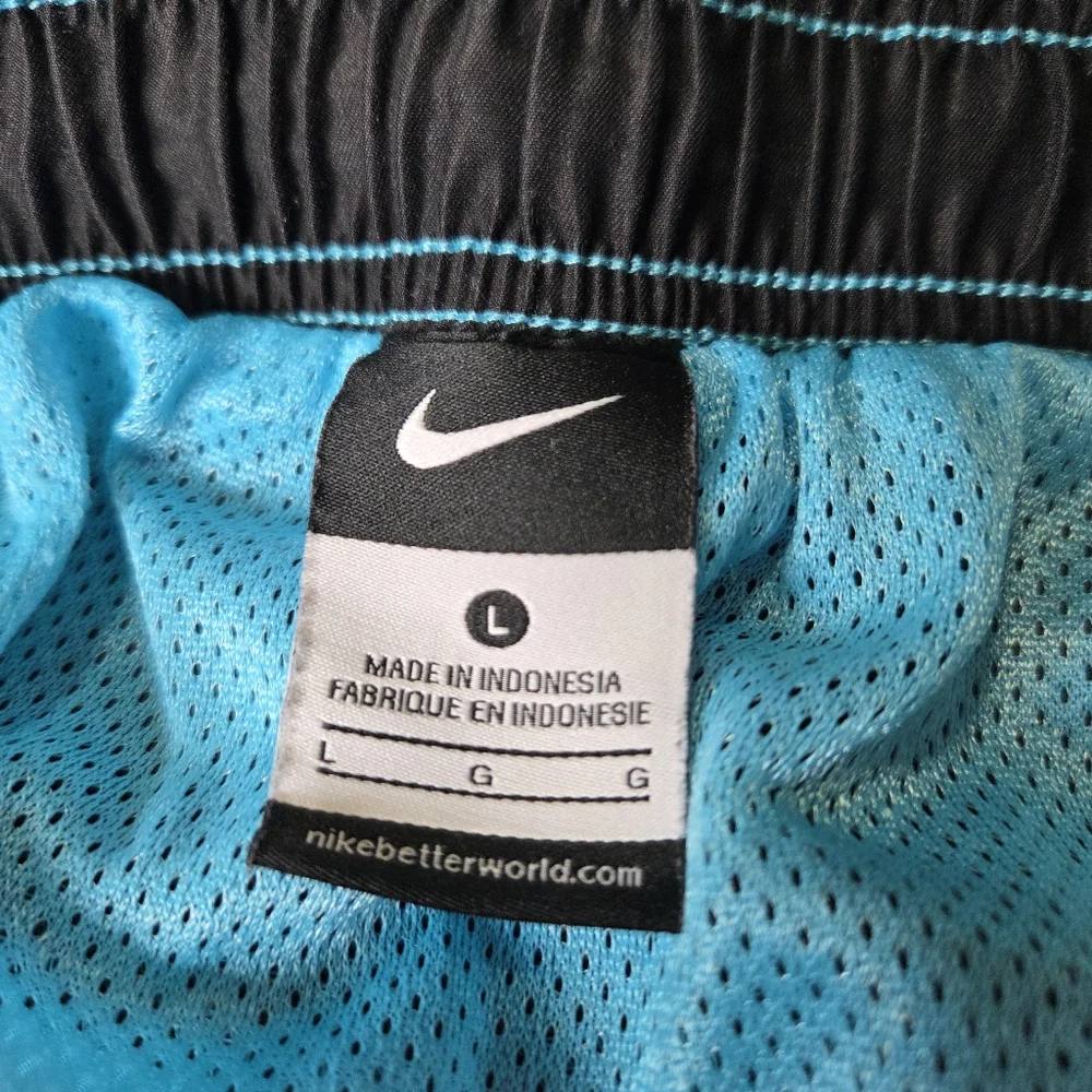 NIKE Swim Trunks Turquiose Blue Lined Spellout‎ Back Swoosh Mens SZ L